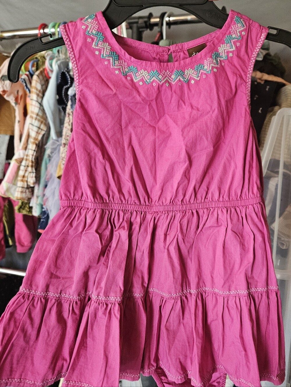 Tea Collection Pink Embroidered Neckline Tiered Dress